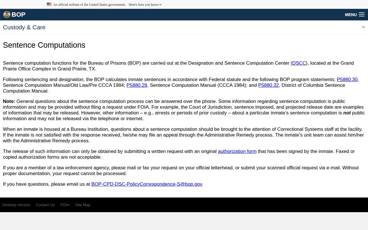 Federal Bureau of Prisons sentence computation information