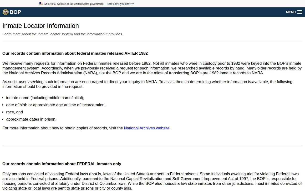Federal Bureau of Prisons guidance for released inmate locator records